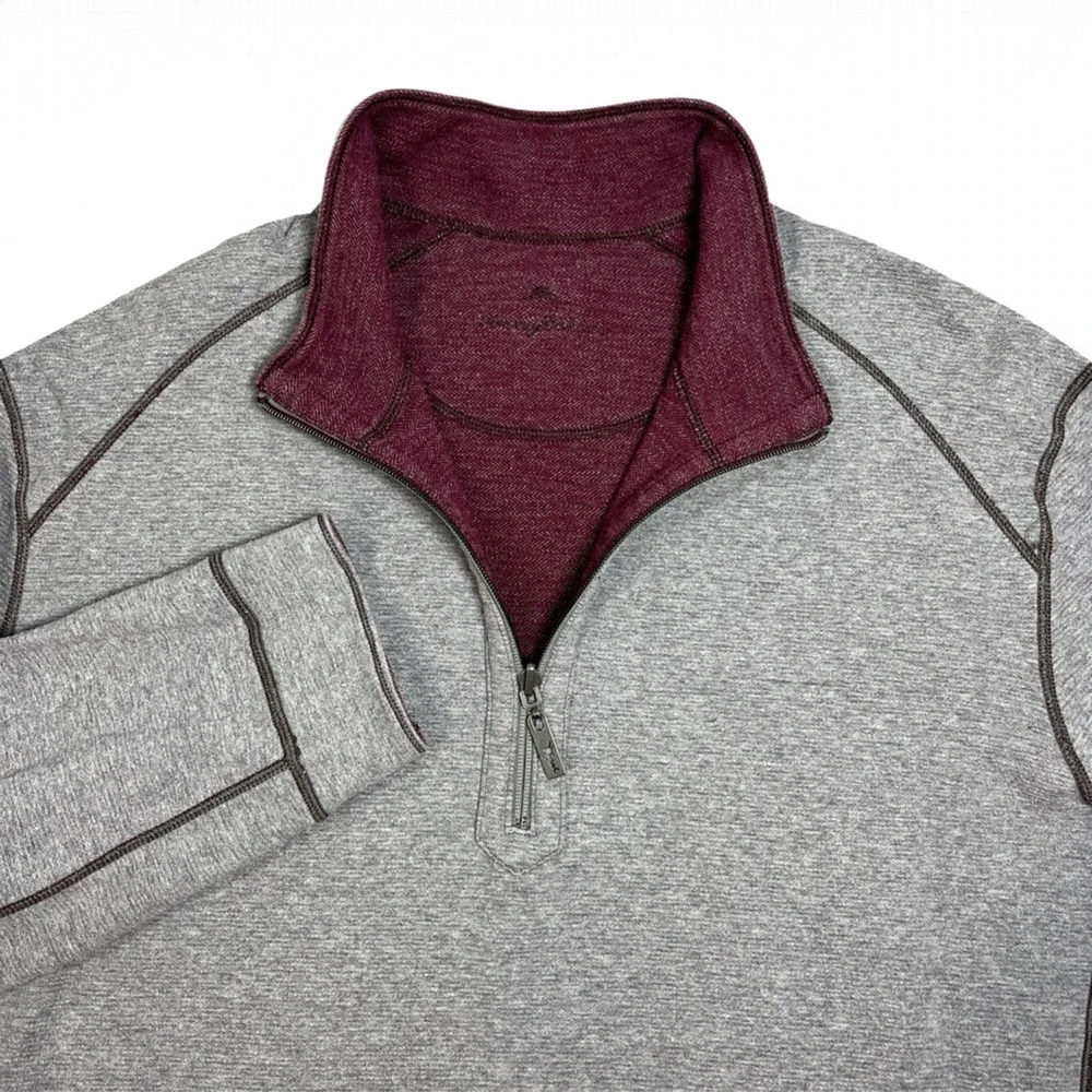 Tommy Bahama Reversible 1/4 Zip Sweater Mens 2XL Flipshore Maroon Gray Pullover